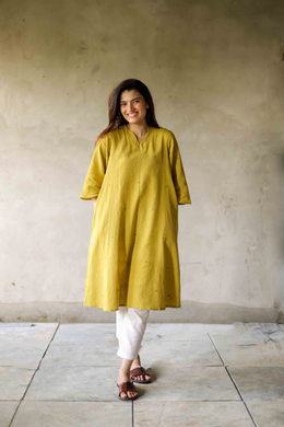 Handwoven Kala Cotton A line Mustard Kurta- Nikhar