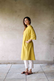 Handwoven Kala Cotton A line Mustard Kurta- Nikhar