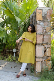 Handwoven Kala Cotton A line Mustard Kurta- Nikhar
