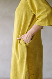 Handwoven Kala Cotton A line Mustard Kurta- Nikhar