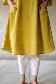Handwoven Kala Cotton A line Mustard Kurta- Nikhar